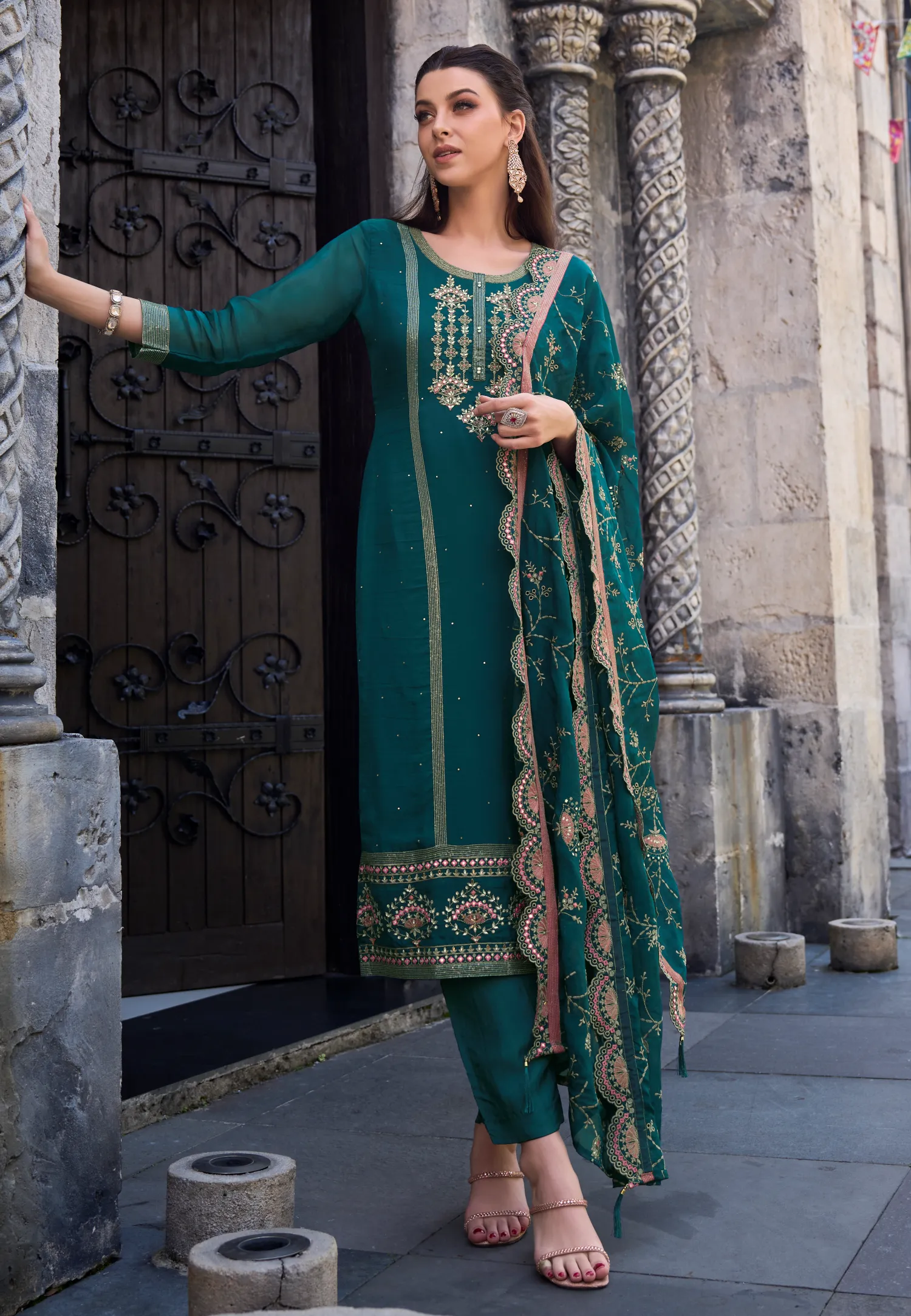 Amazing Rangoli Satin Base Green Designer Salwar Suit With Foil Worked  Dupatta – Kaleendi